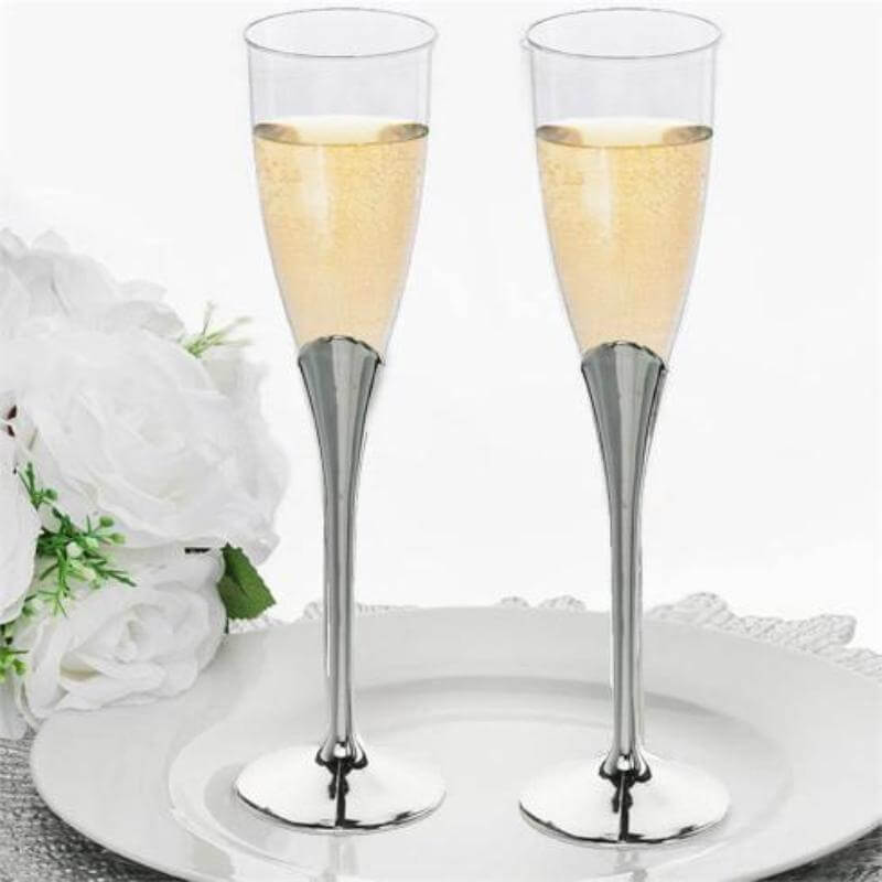 6-Pack Plastic Champagne Flutes Clear/Silver - Stylish Disposable Glasses for Toasts 5oz