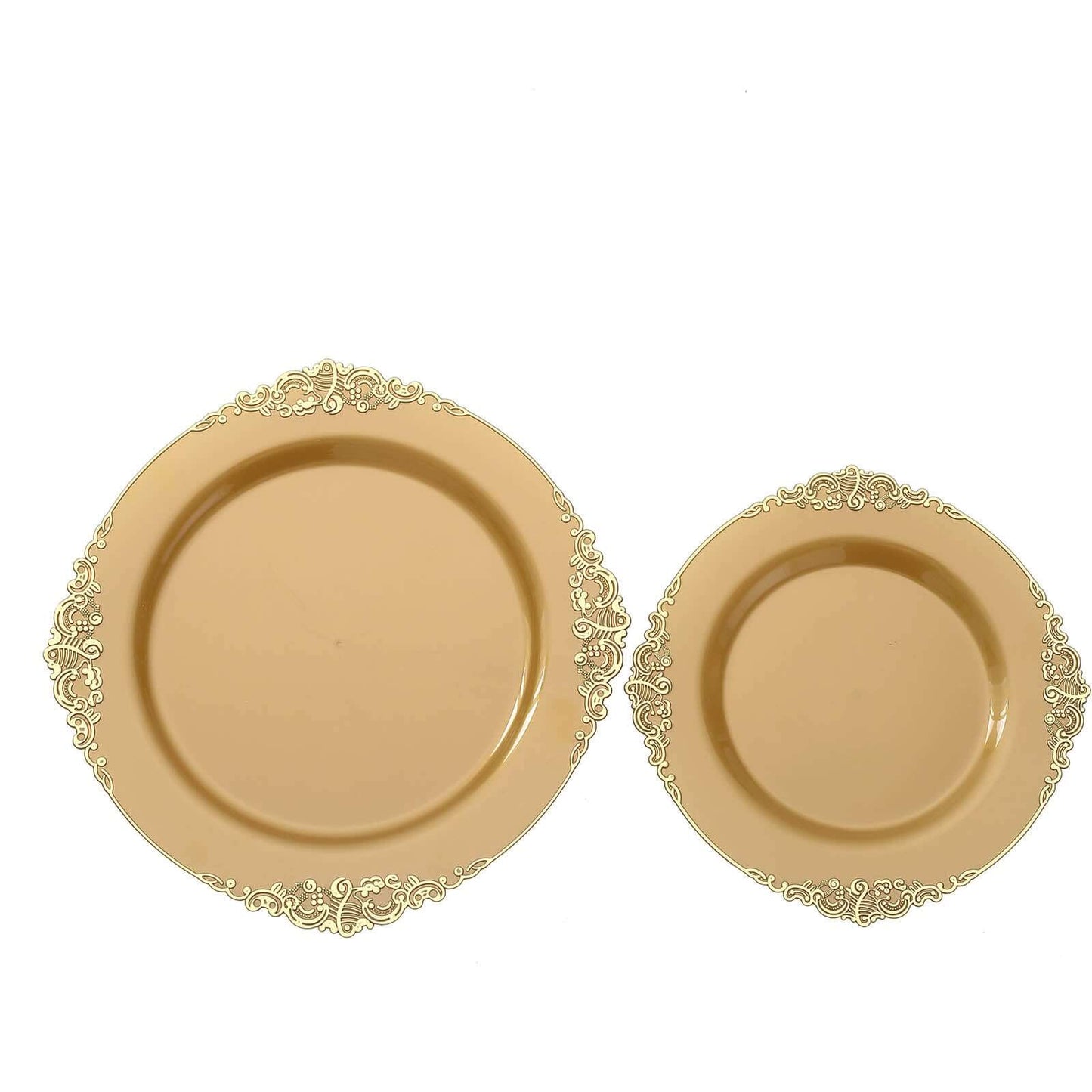 10-Pack Plastic 10" Round Dinner Plates in Gold with Leaf Embossed Rim - Disposable Vintage Baroque Style Plates for Luxurious Gatherings & Events