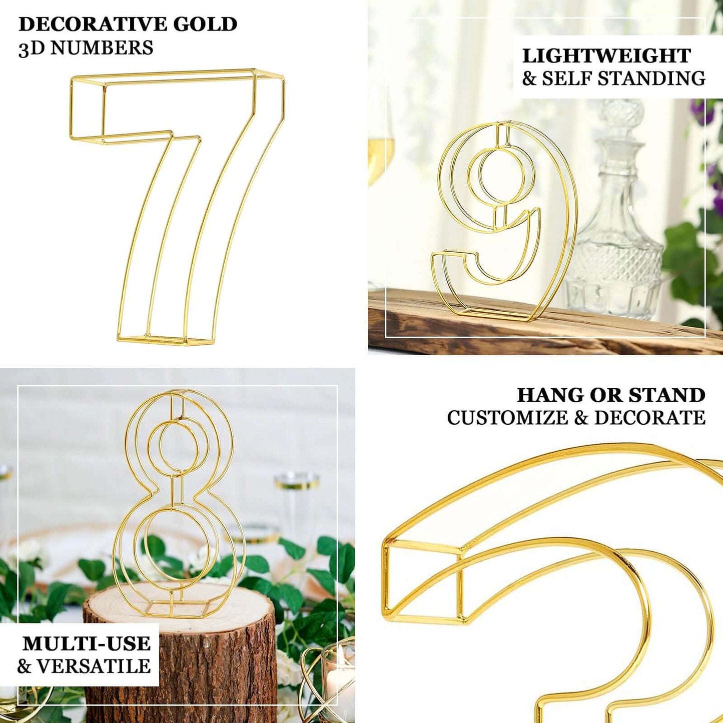 8" Tall Gold Freestanding 3D Decorative Metal Wire Numbers, Wedding Table Numbers -8