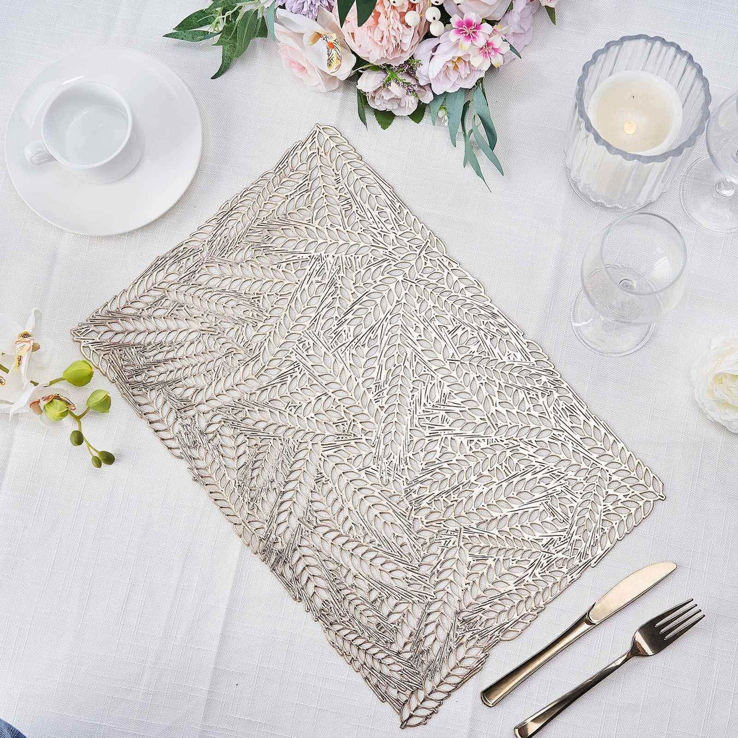 6-Pack Table Mats Wheat Design Gold - Vinyl Rectangle Non-Slip Surface for Stylish Settings 12"x18"