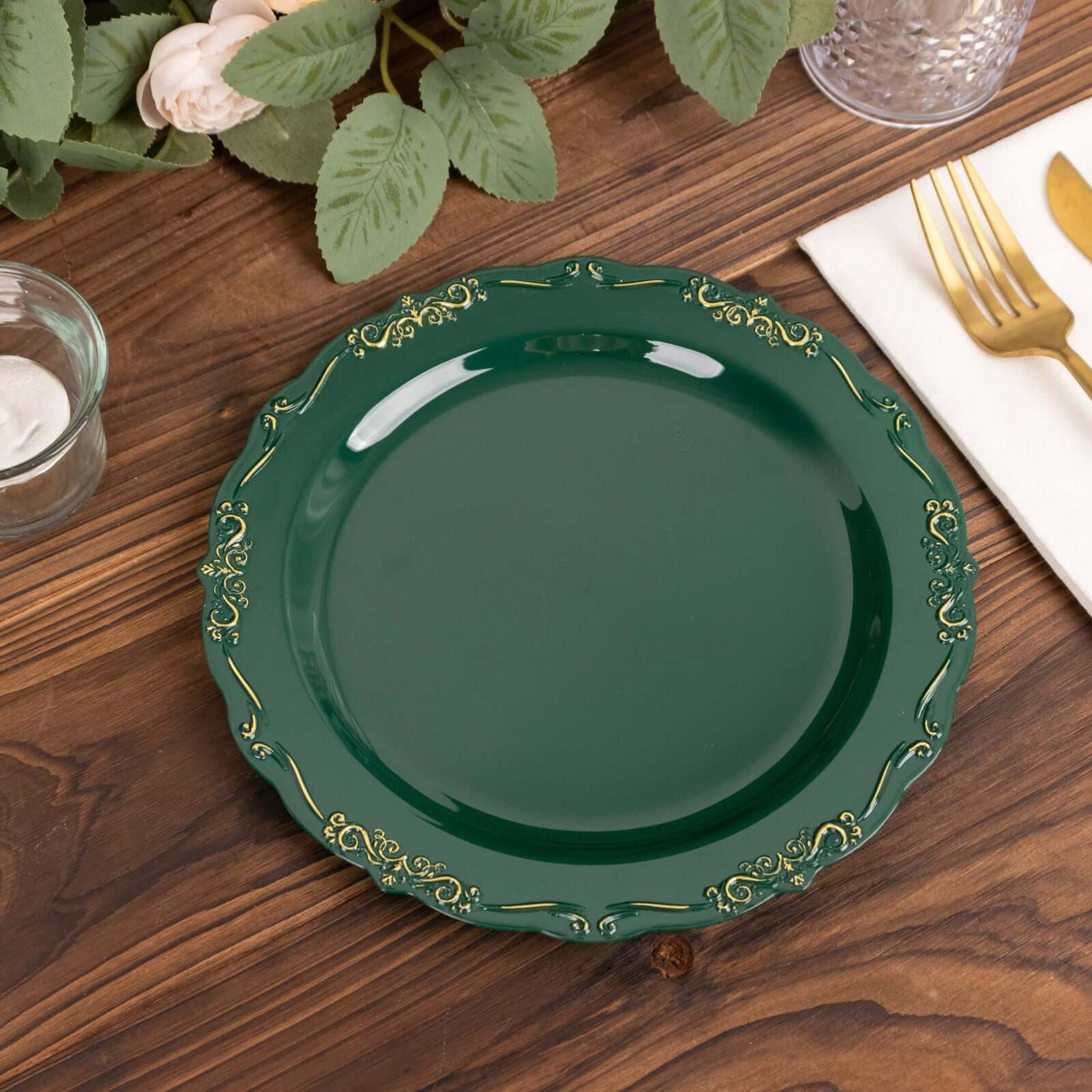 10-Pack Plastic 10" Round Dinner Plates in Hunter Emerald Green with Gold Vintage Embossed Rim - Sturdy Disposable Scalloped Edge Party Plates