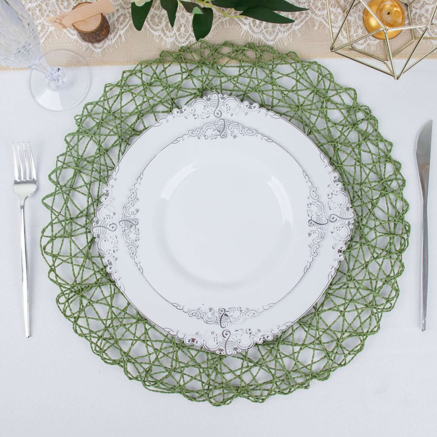 6-Pack Table Placemats Woven Fiber Design Olive Green Round - Disposable Mats for Dining and Events 15"