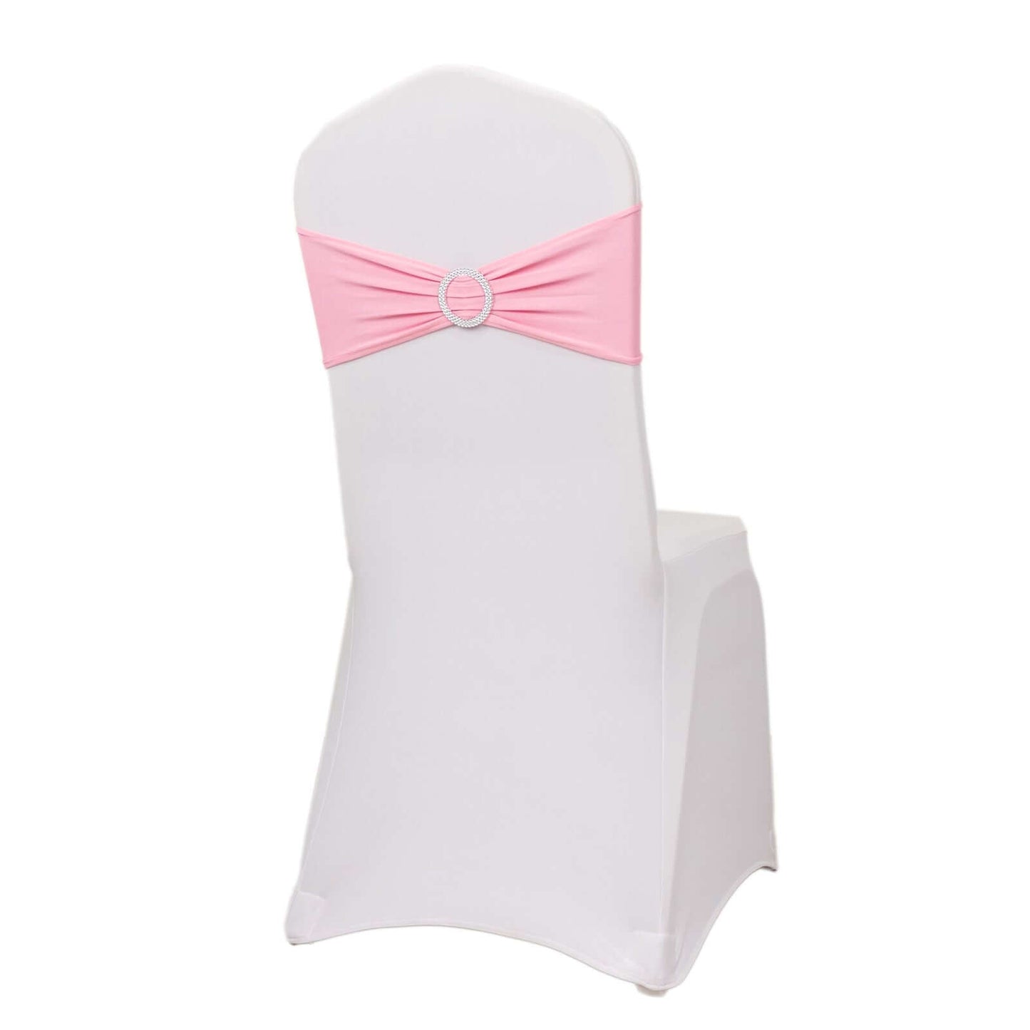 5 Pack Stretch Spandex Chair Sashes Pink - Reusable Chair Bands with Silver Diamond Ring Slide Buckle 5"x14"