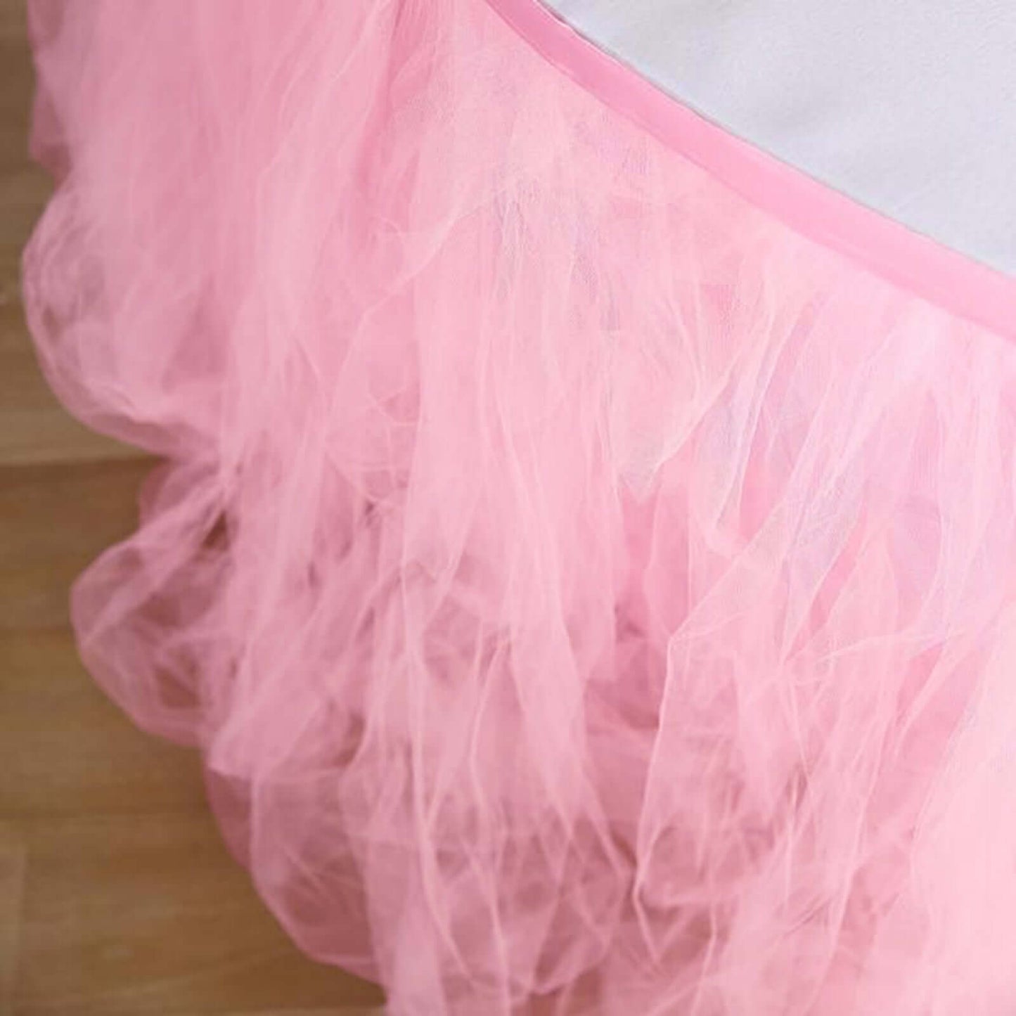 Tulle 17ft Table Skirt Pink/Rose Quartz - 4 Layer Pleated Tutu Table Cover