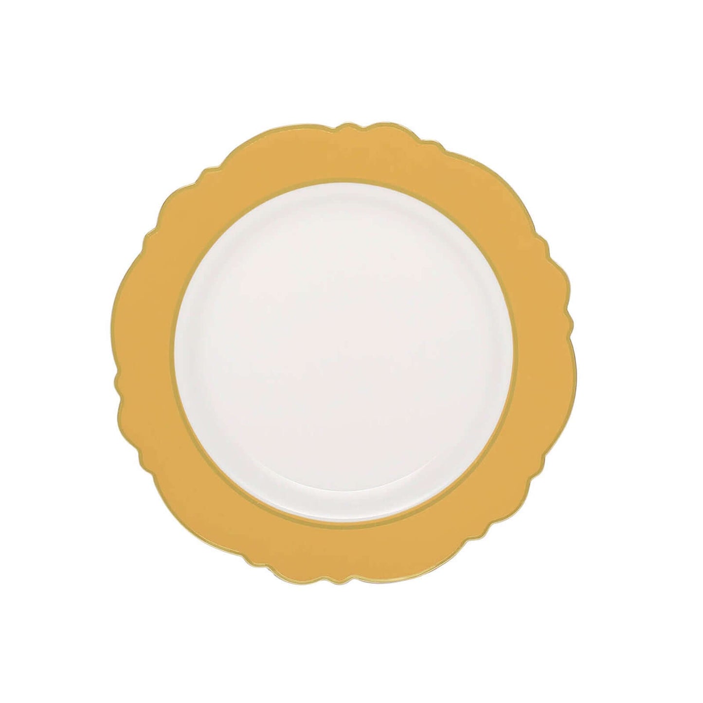 10-Pack Plastic 8" Round Dessert Plates in White with Gold Blossom Design & Gold Edging - Disposable Salad Appetizer Plates for Modern & Classy Table Decor