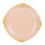 10-Pack Plastic 8" Round Dessert Plates in Transparent Blush with Gold Leaf Embossed Rim - Disposable Vintage Baroque Style Salad Plates