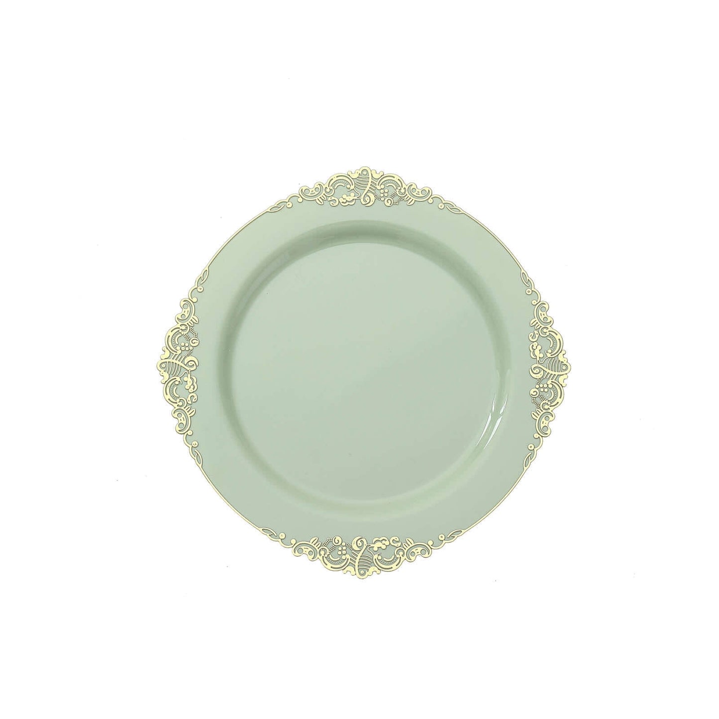 10-Pack Plastic 8" Round Dessert Plates in Sage Green with Gold Leaf Embossed Rim - Disposable Vintage Baroque Style Salad Plates
