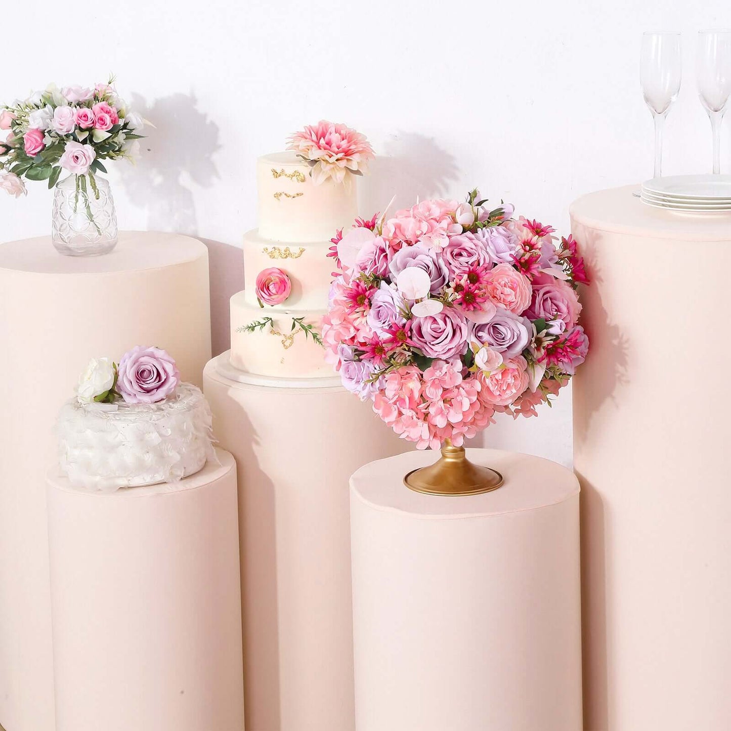 Set of 5 Blush Spandex Cylinder Pedestal Stand Covers, Stretchable Pillar Prop Covers - 160 GSM