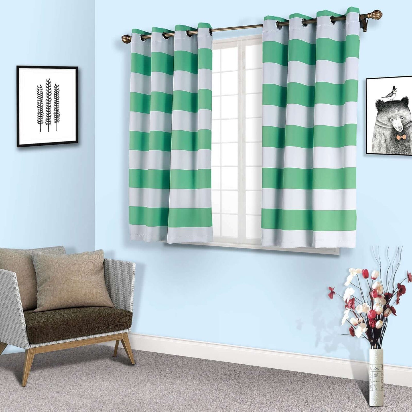 2 Pack White Mint Cabana Stripe Thermal Blackout Window Curtain Grommet Panels, Noise Canceling Curtains - 52"x64"
