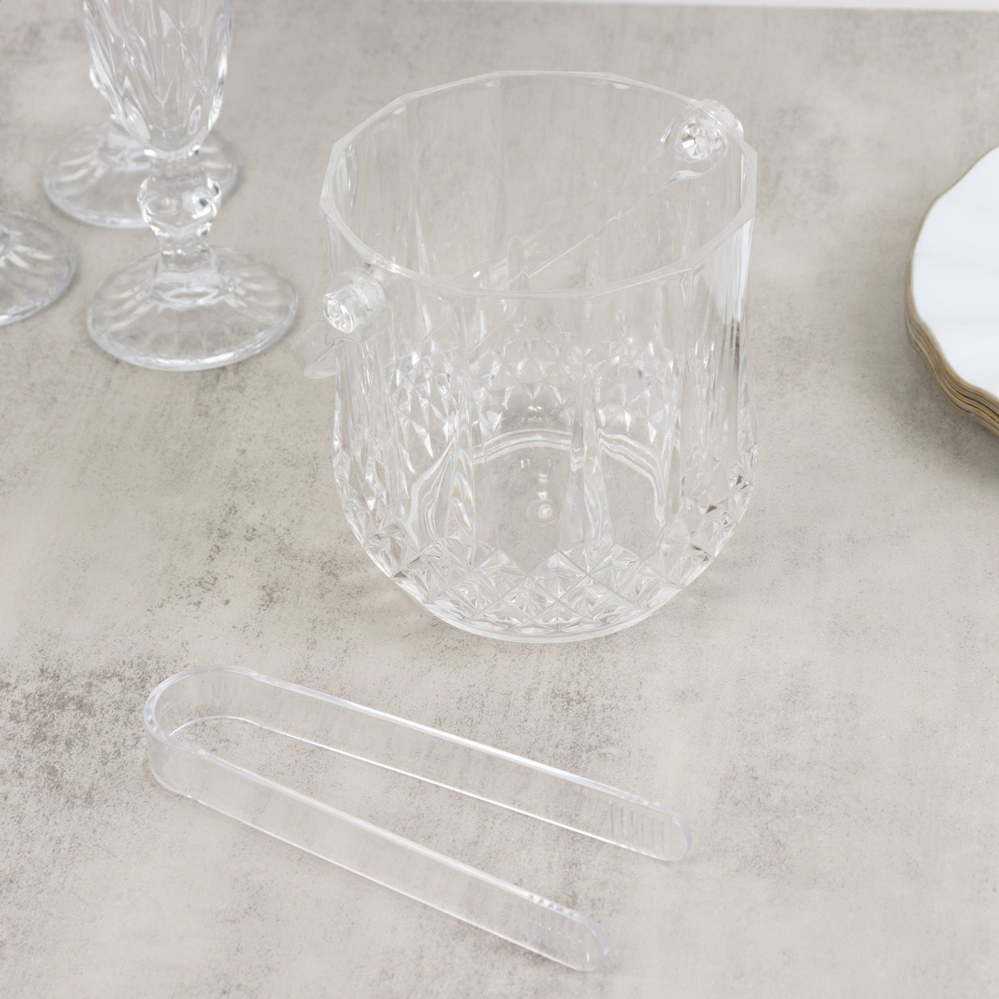 3-Pack Clear Plastic Small Ice Buckets with Handle & Tongs in Crystal-Cut Design 5"x5"