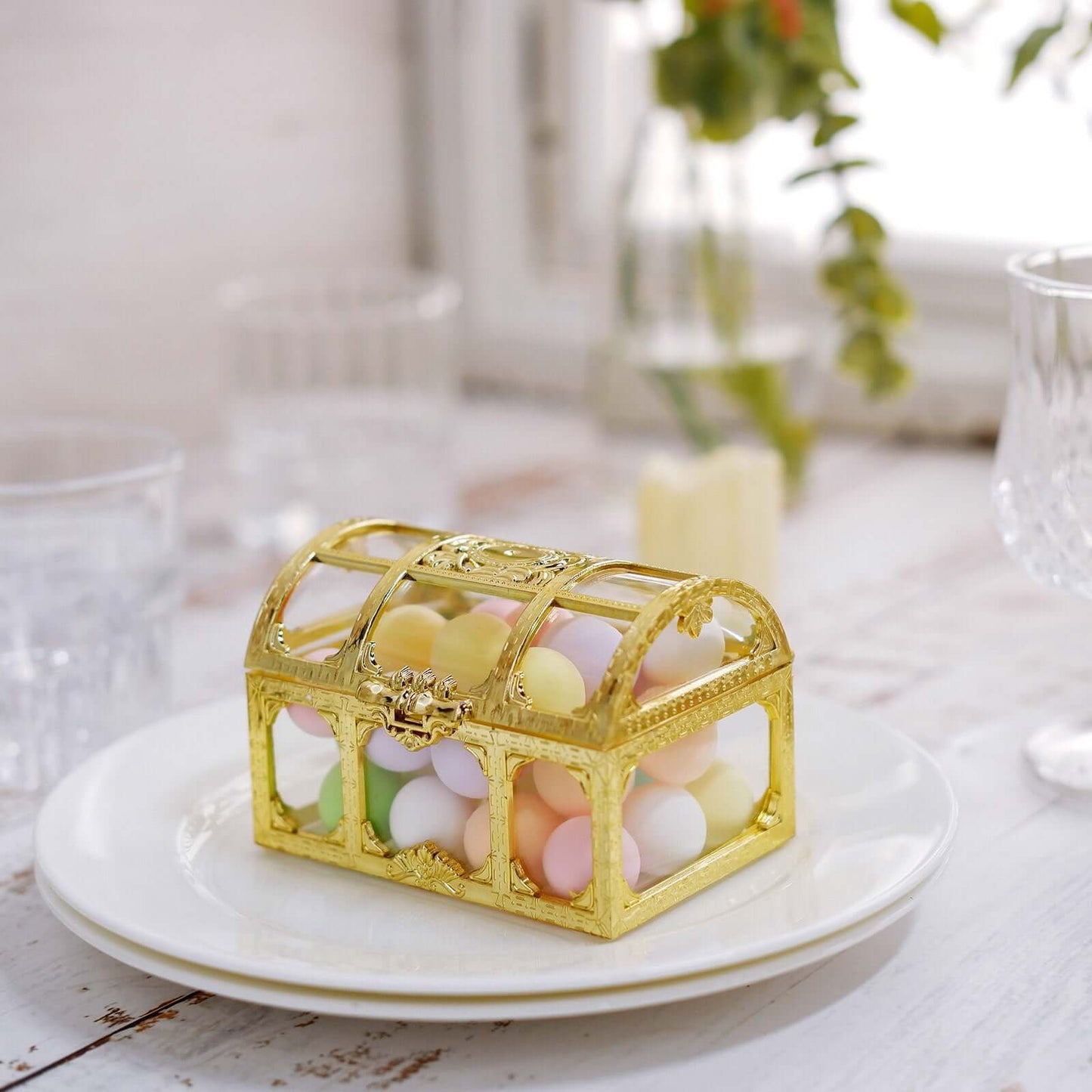 12-Pack Vintage Jewelry Box Candy Containers Clear Gold - Stylish Treasure Chest Favor Boxes 3.5"