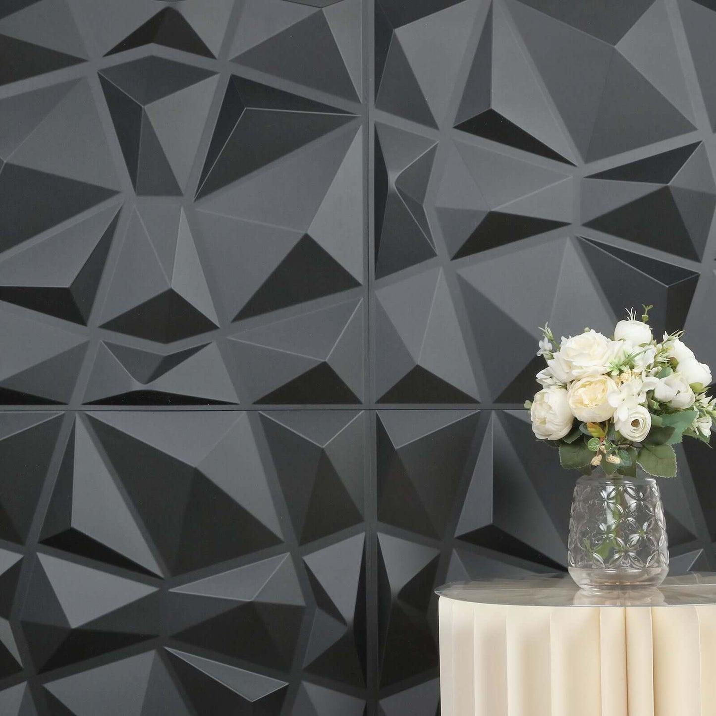 12 Pack 20"x20" Matte Black 3D Texture PVC Diamond Design Wall Tiles, Stick On Waterproof Wall Panels