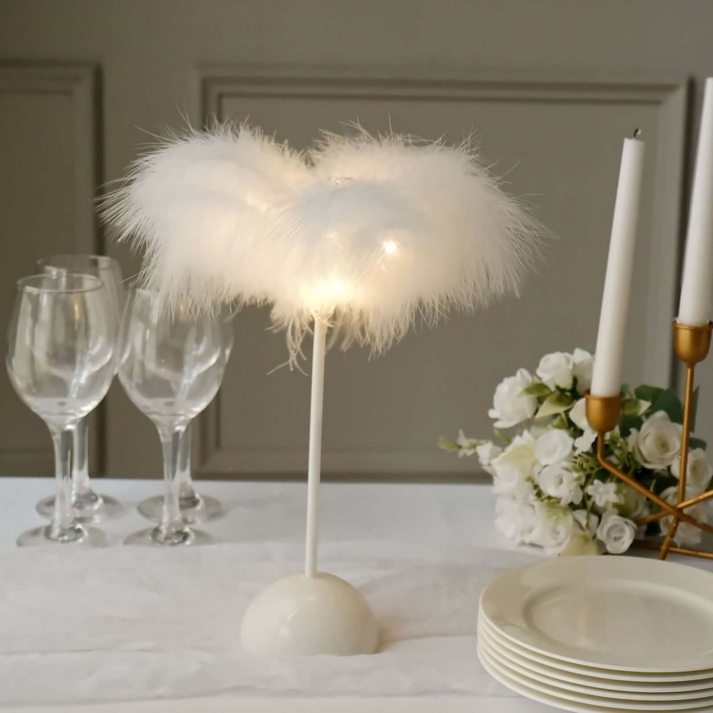 Table Lamp Feather Design White LED Battery Operated - Cordless Wedding Centerpiece 15"