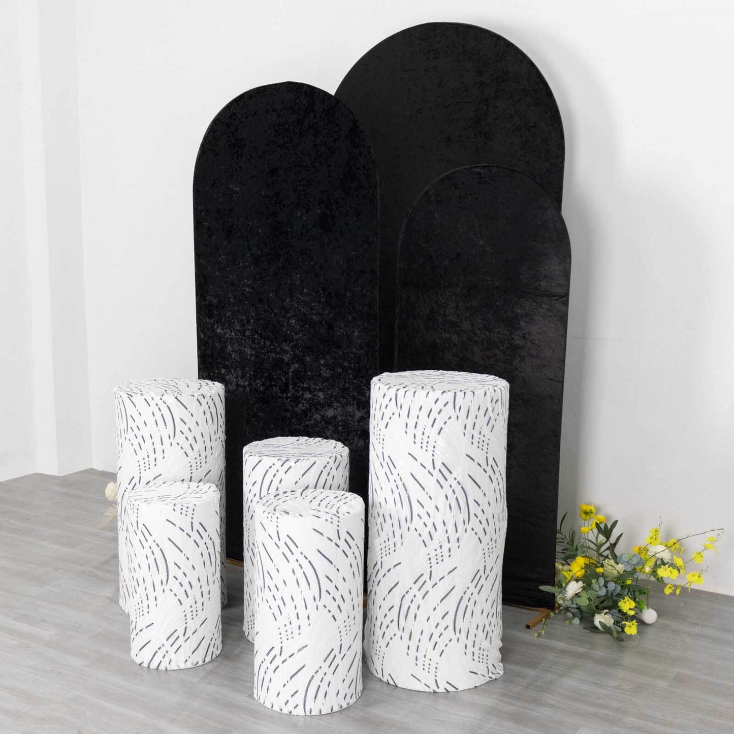Set of 5 White Wave Mesh Cylinder Pedestal Stand Covers with Embroidered Sequins, Pillar Prop Covers - 160 GSM