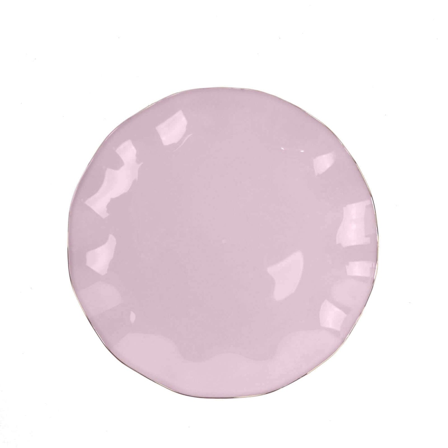 10-Pack Plastic Round 6" Dessert Plates in Lavender Lilac Ruffled Rim with Gold Edging - Sturdy Disposable Salad Appetizer Dinnerware