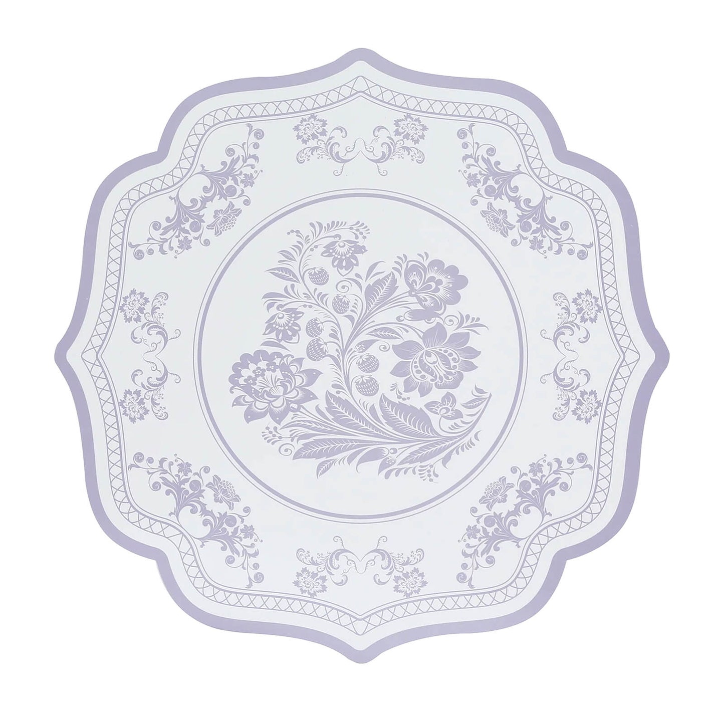 10-Pack Disposable Table Placemats 13" Round Placemats in White with Lavender Damask Floral Pattern & Scalloped Rim - 400GSM Cardboard Placemats for Stylish Table Setting