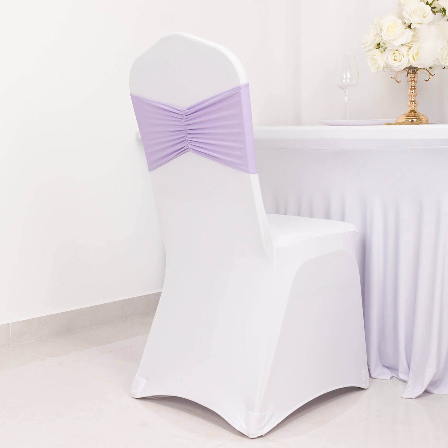 5 Pack Spandex Chair Sashes Lavender Lilac Ruffled Style - Wide Easy to Use Stretch Chair Bands 8"x13"