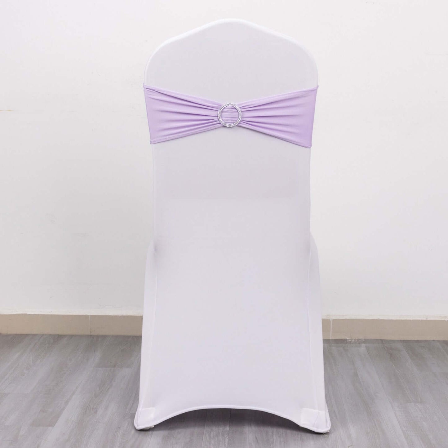 5 Pack Stretch Spandex Chair Sashes Lavender Lilac - Reusable Chair Bands with Silver Diamond Ring Slide Buckle 5"x14"