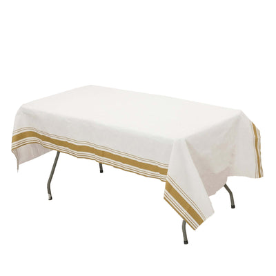 Linen-Like Paper 50’’x108’’ Rectangle Tablecloth White - Disposable Airlaid Table Cover with Gold Striped Border