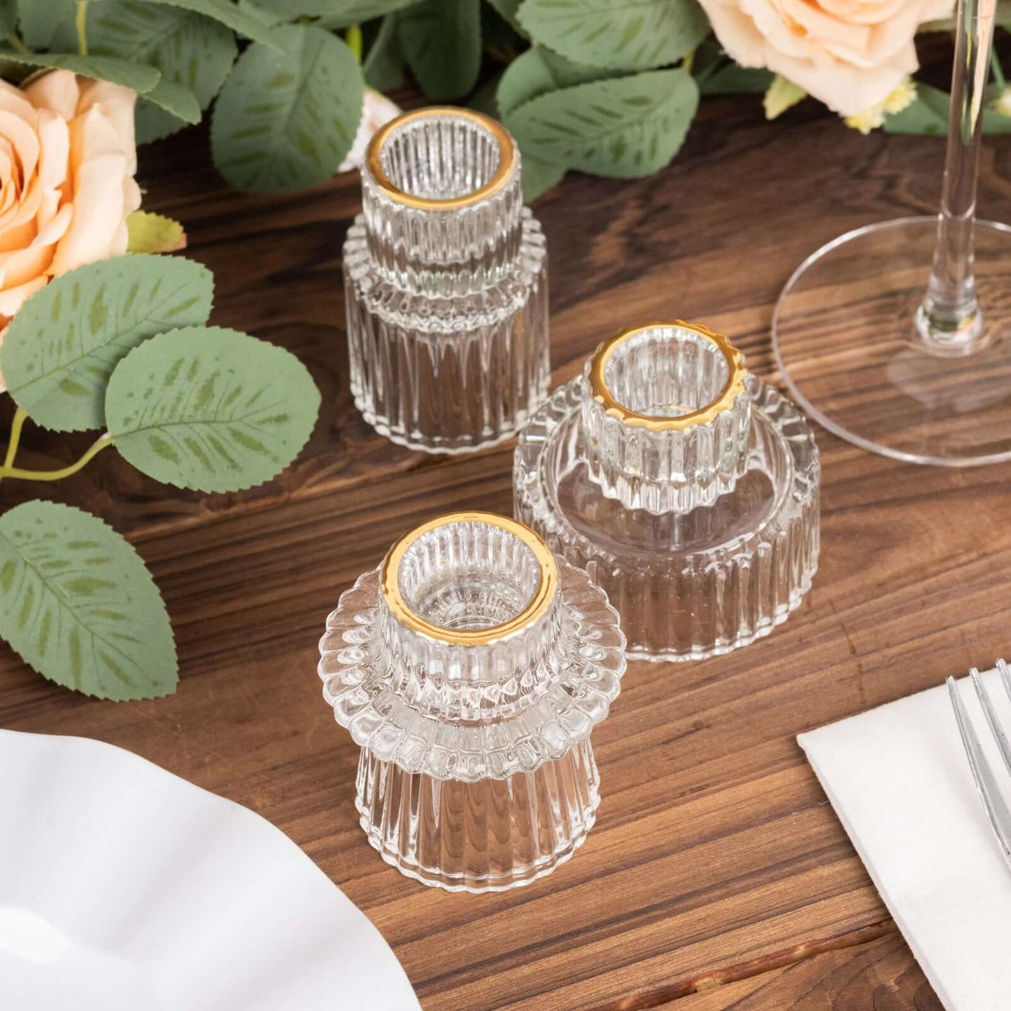 Set of 6 Glass Taper Candle Holders Ribbed Crystal Design with Gold Rim Clear - Reversible Mini Votive Tealight Stands 3"