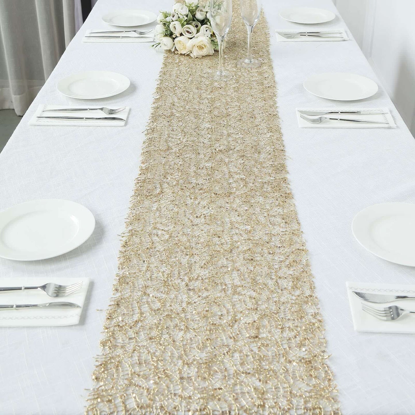 Mesh 12"x108" Table Runner Gold - Sequin Schiffli Lace Design for Stylish Celebrations