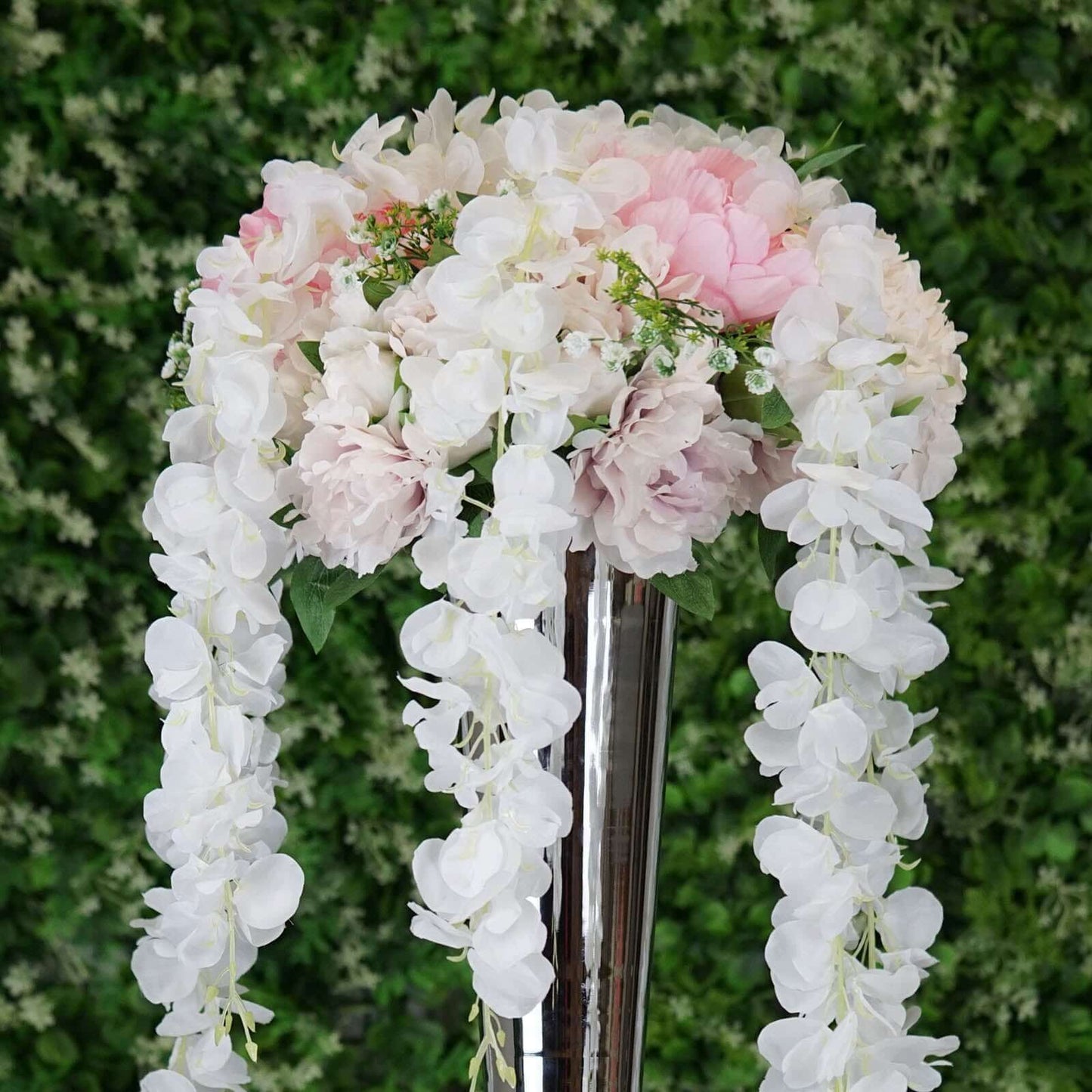 42" Silk Hanging Wisteria Flower Garland Vines in White, Elaborated 5 Full Strands in 1 Bush