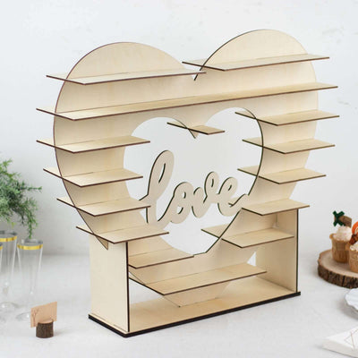 8-Layer Wooden Dessert Display Stand Heart Shaped Double Sided Design Natural - "Love" Cupcake Shelf Table Rack 26"