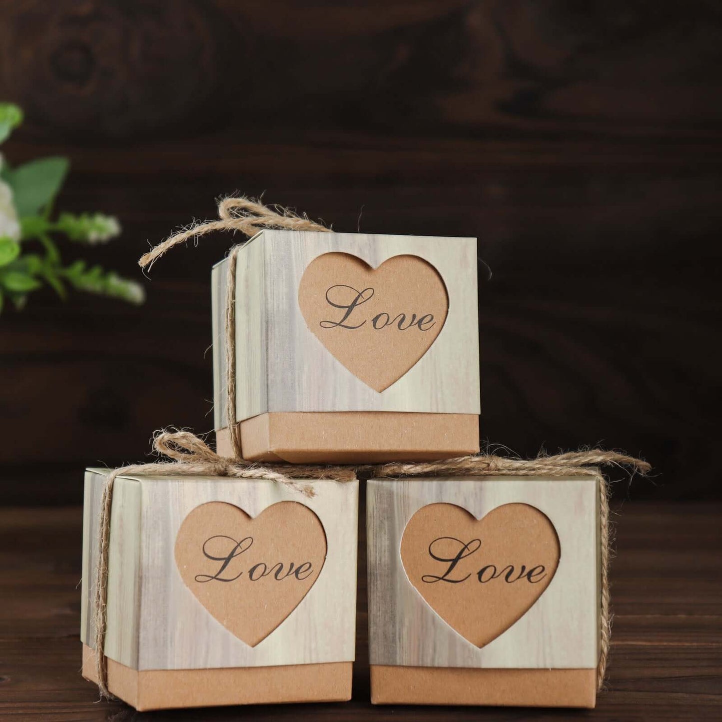 25 Pack 2.5" Rustic Wood Pattern Natural Brown Paper Candy Gift Boxes, Square Party Favor Boxes with Burlap Jute Twine and Love Heart Cut Out