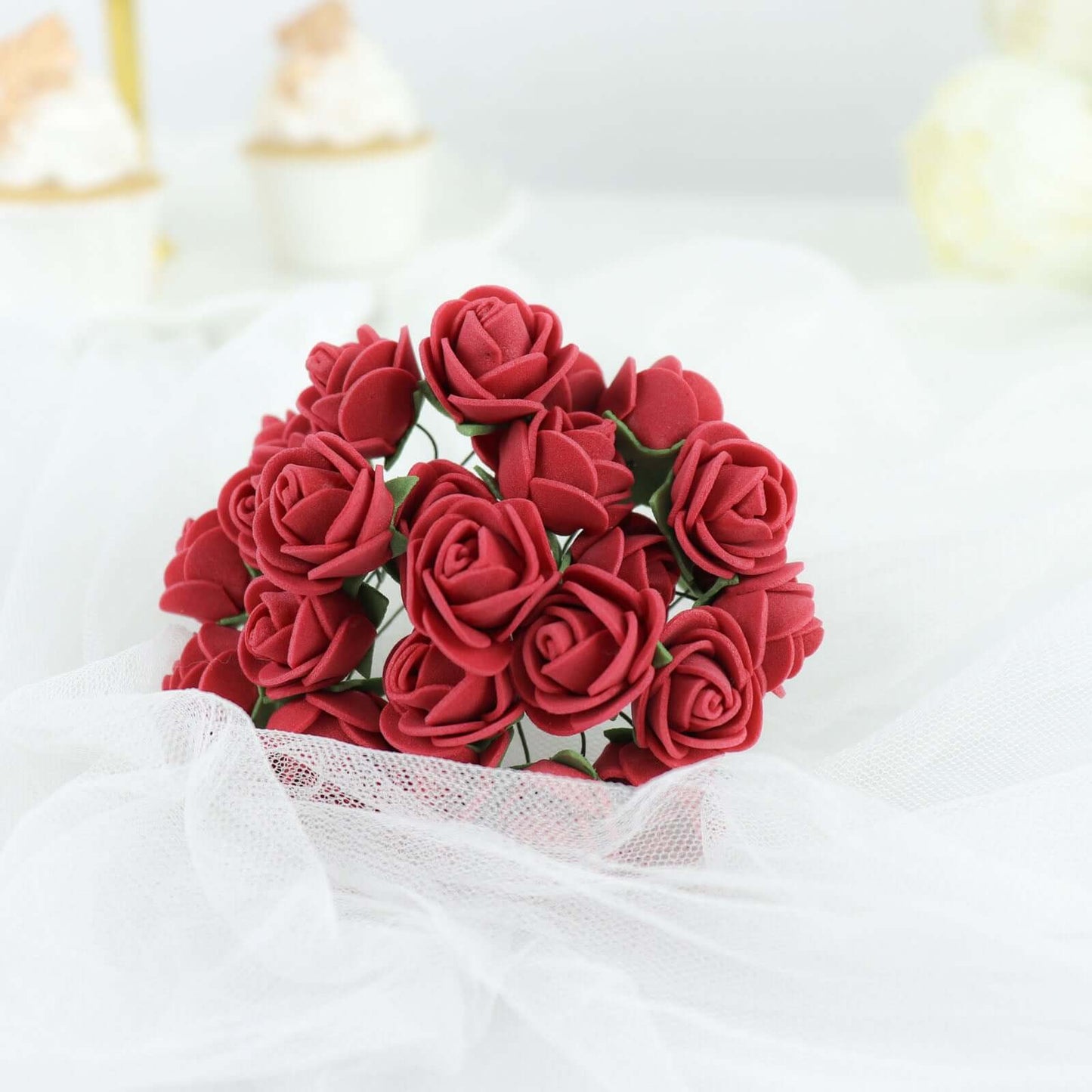 48 Roses 1" Burgundy Real Touch Artificial DIY Foam Rose Flowers With Stem, Craft Rose Buds
