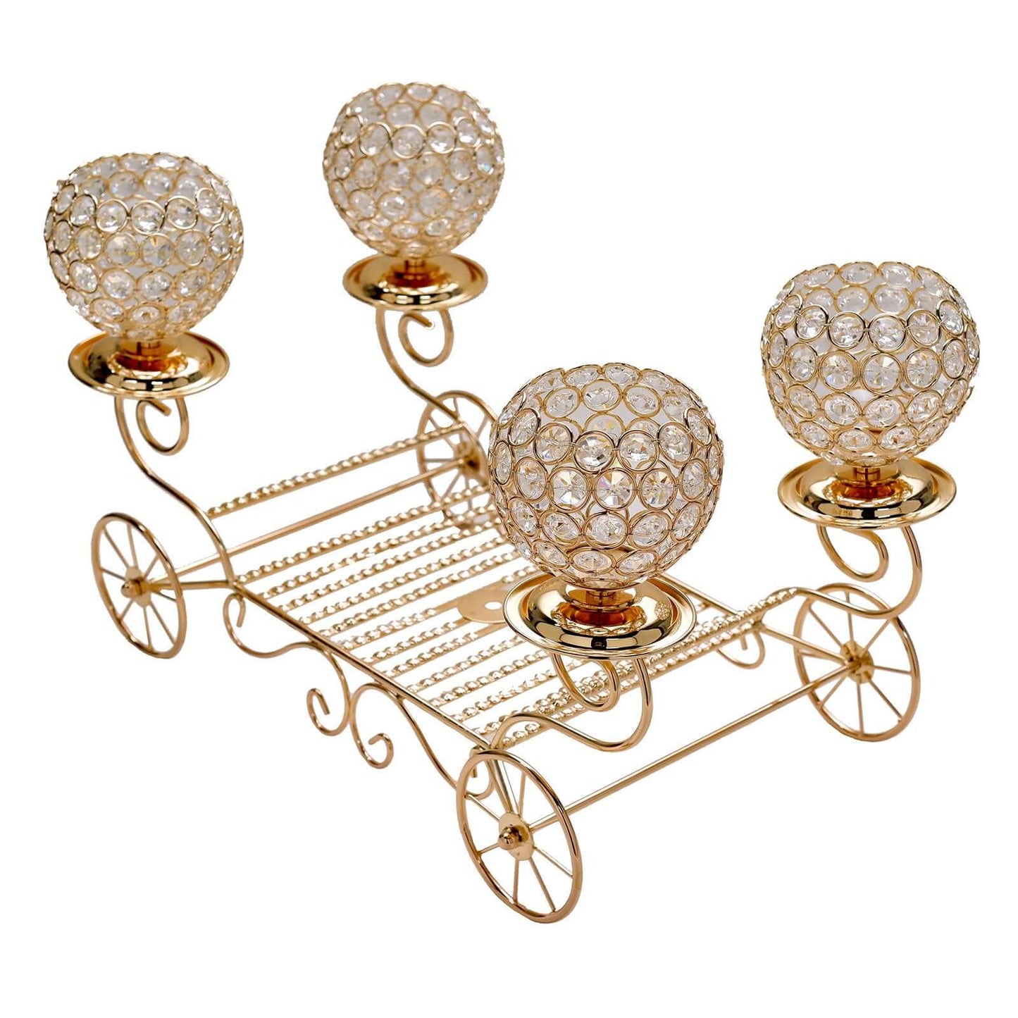 Candle Holder 4-Arm Gold Metal Crystal Cinderella Carriage Wedding Centerpiece - Decorative Display 18"