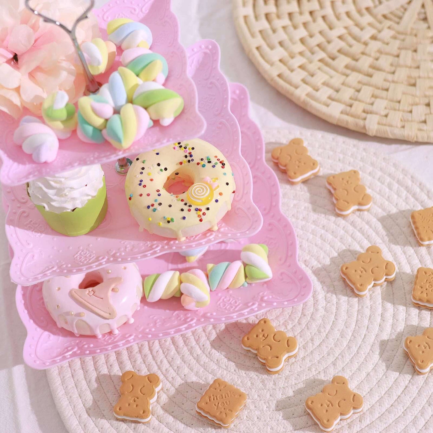 3-Tier Plastic Square Cupcake Stand Tower Pink - Charming Easy to Assemble Dessert Display Serving Tray Platter with Floral Embossed Scalloped Rim & Silver Handle for Tea Parties Weddings & Special Occasions 13"