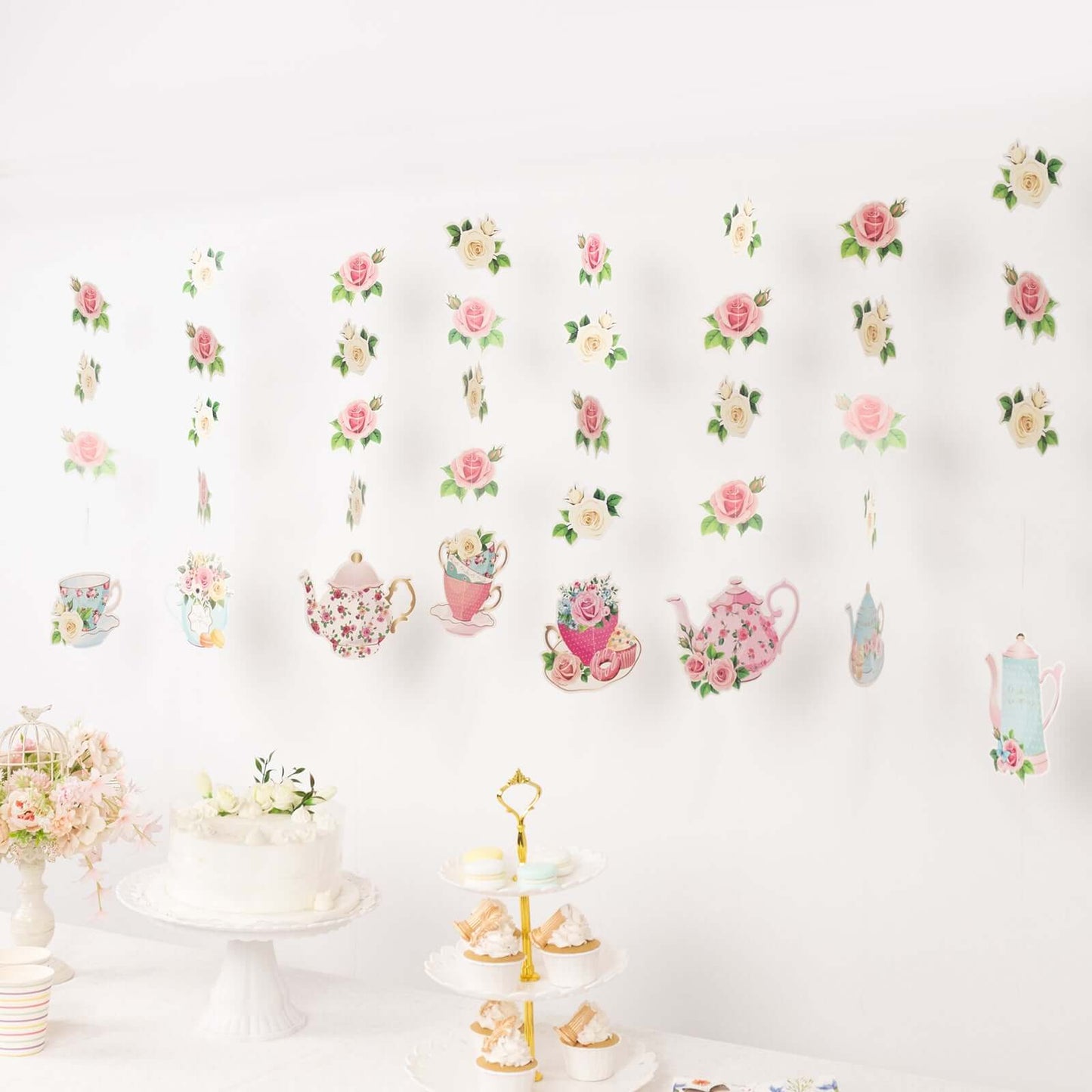 8 Pack Double Sided Floral Tea Party Paper Garland, 40" Pre-Assembled Mixed Teapot Banner Hanging Decorations