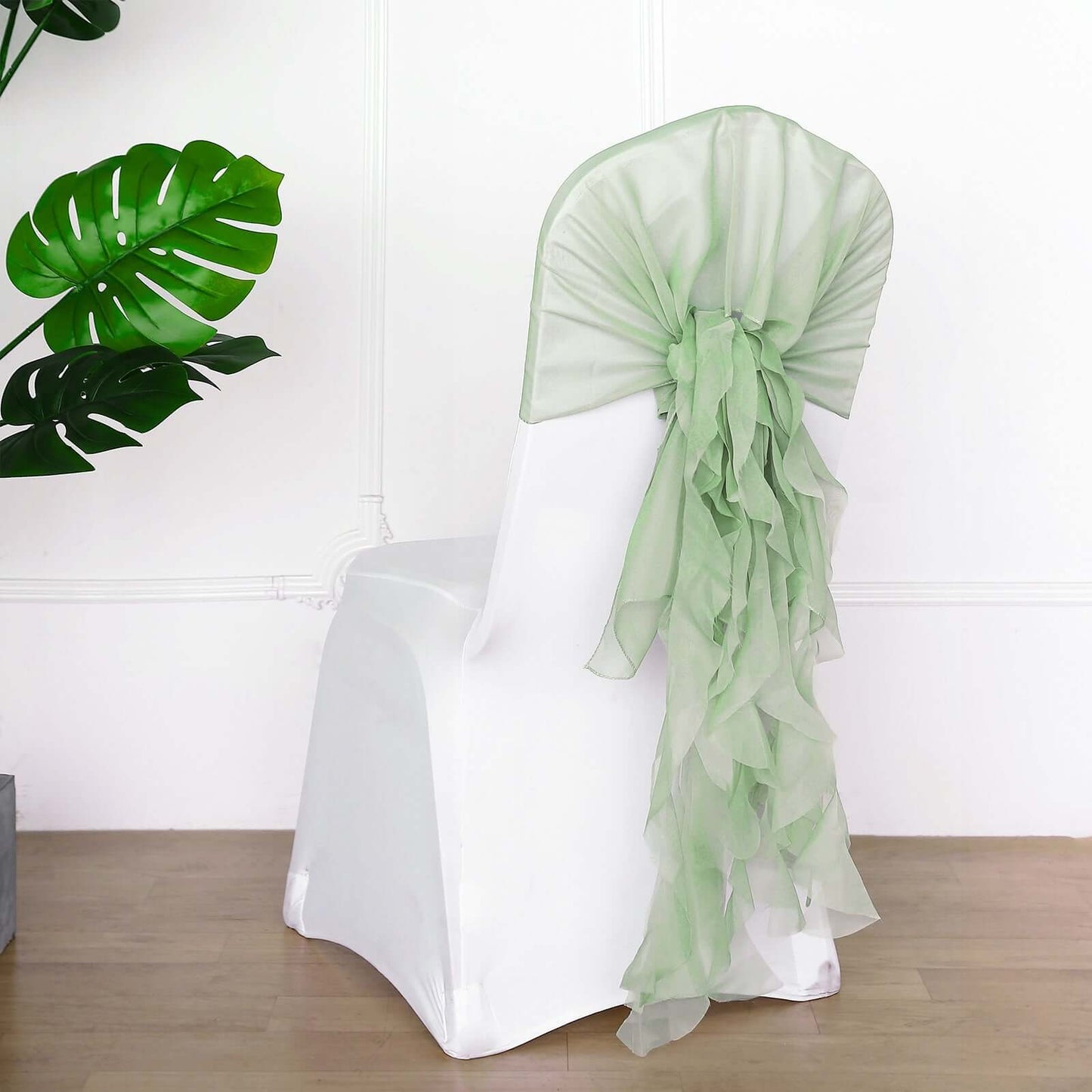 1 Set Chiffon Hoods Chair Sashes with Willow Ruffles Design Sage Green - Stylish Chair Bow Decor