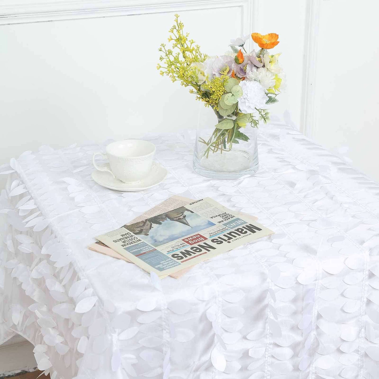 Taffeta 54"x54" Square Tablecloth White | Exquisite 3D Leaf Petal Design for Chic Wedding & Event Decor