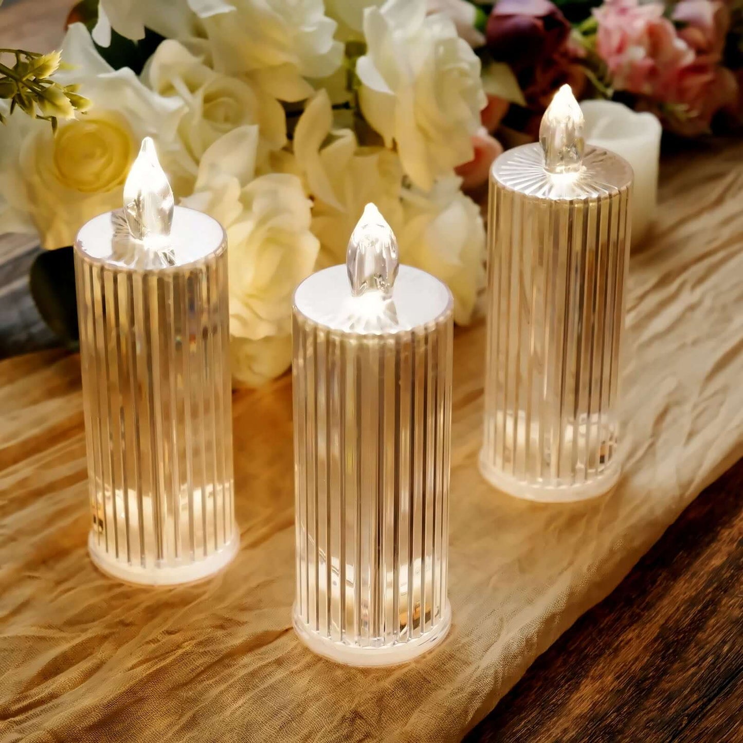 3-Pack LED Flameless Candle Lamps Diamond Acrylic Design Clear Warm White - Battery Operated Pillars 6"