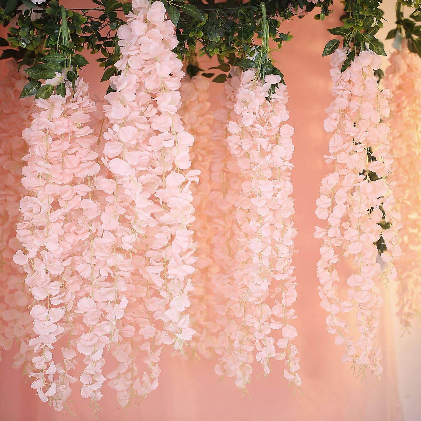 42" Silk Hanging Wisteria Flower Garland Vines in Blush, Elaborated 5 Full Strands in 1 Bush