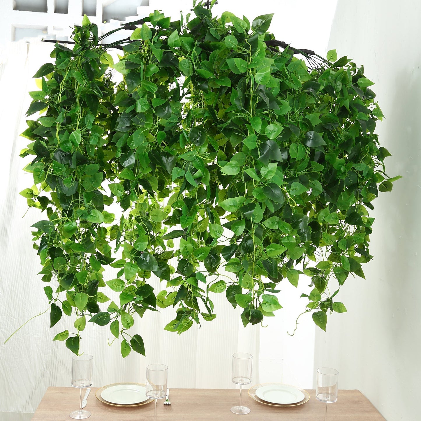 46" Green Artificial Eucalyptus Leaf Vines Ceiling Canopy, Round Draping Ivy Leaves Hanging Flower Chandelier With Interchangeable Branches