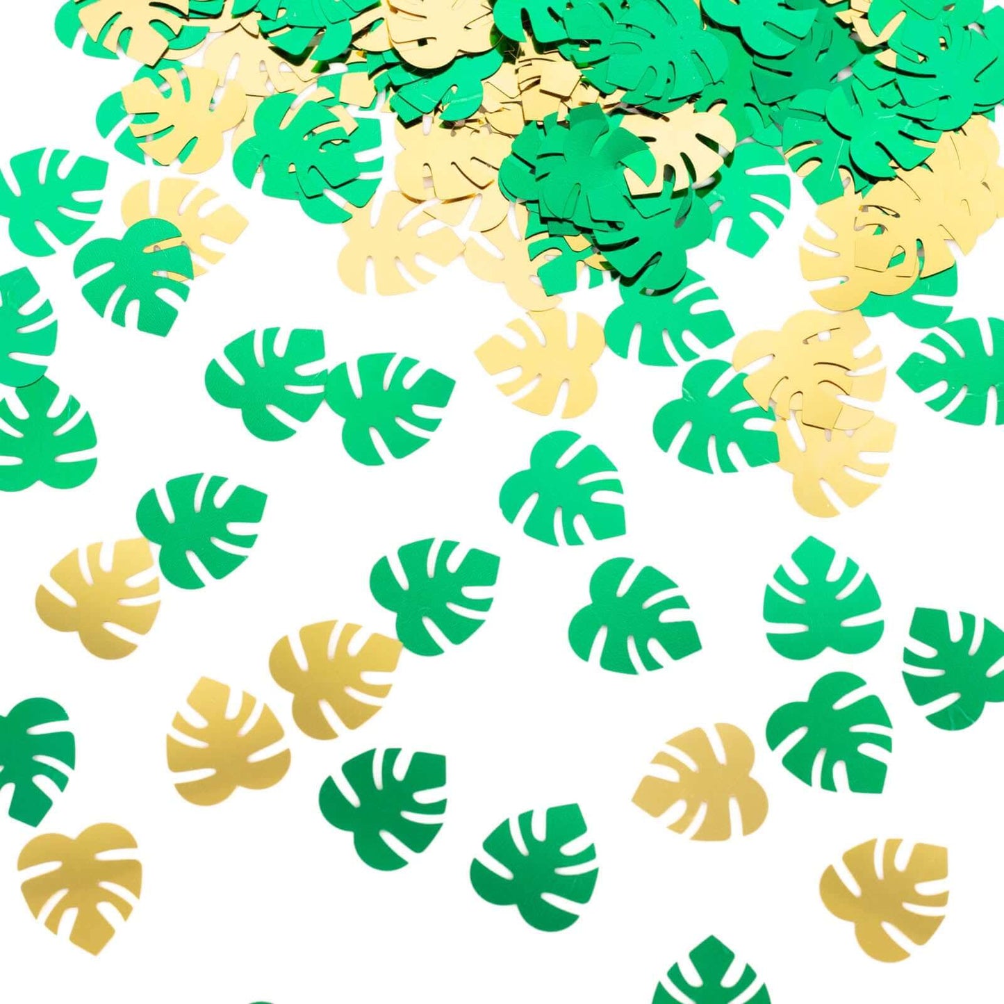 15G Bag Tropical Palm Leaf Table Confetti, Shiny Monstera Metallic Green and Gold Vibrant Eye-Catching Design