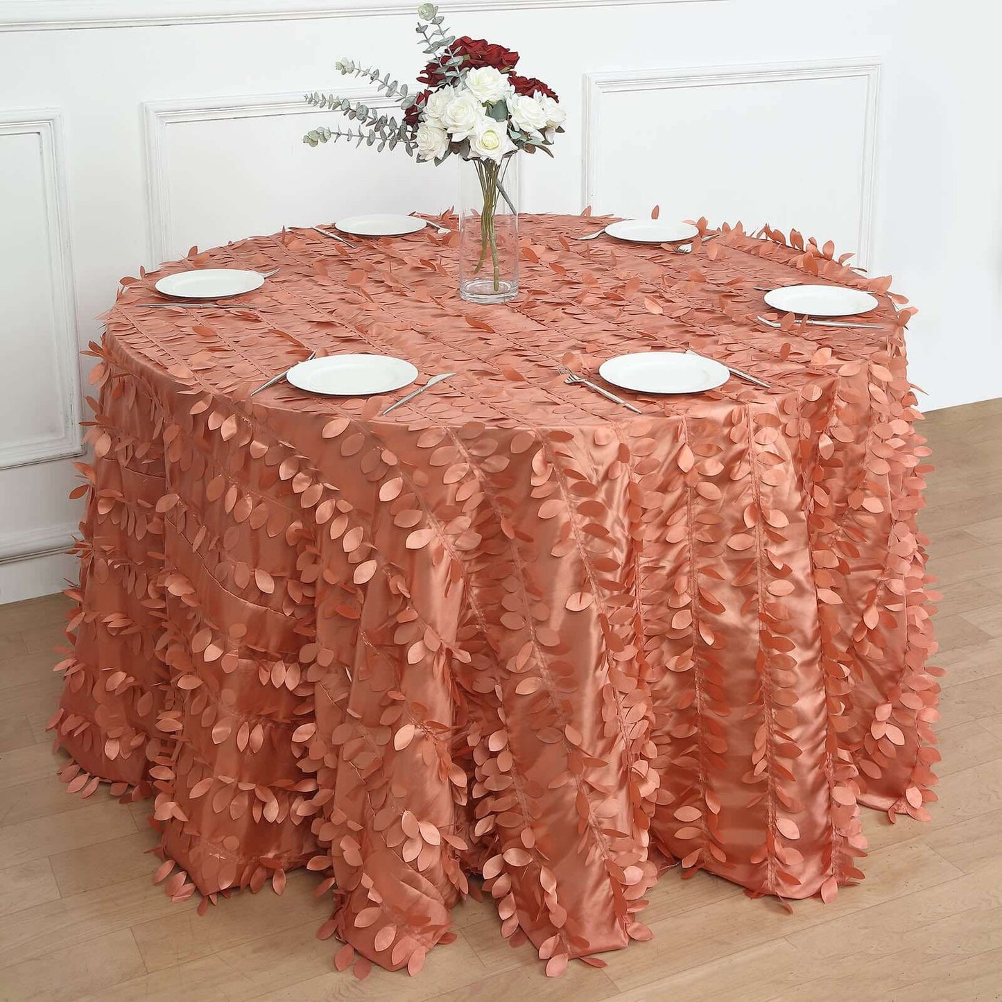 Taffeta 120" Round Tablecloth Terracotta (Rust) | 3D Leaf Petal Design Seamless Table Cover