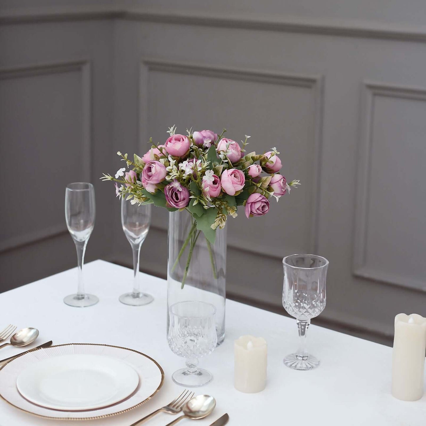 4 Pack 12" Artificial Dusty Rose Ranunculus Silk Flower Bridal Bouquets, Faux Buttercup Floral Arrangement