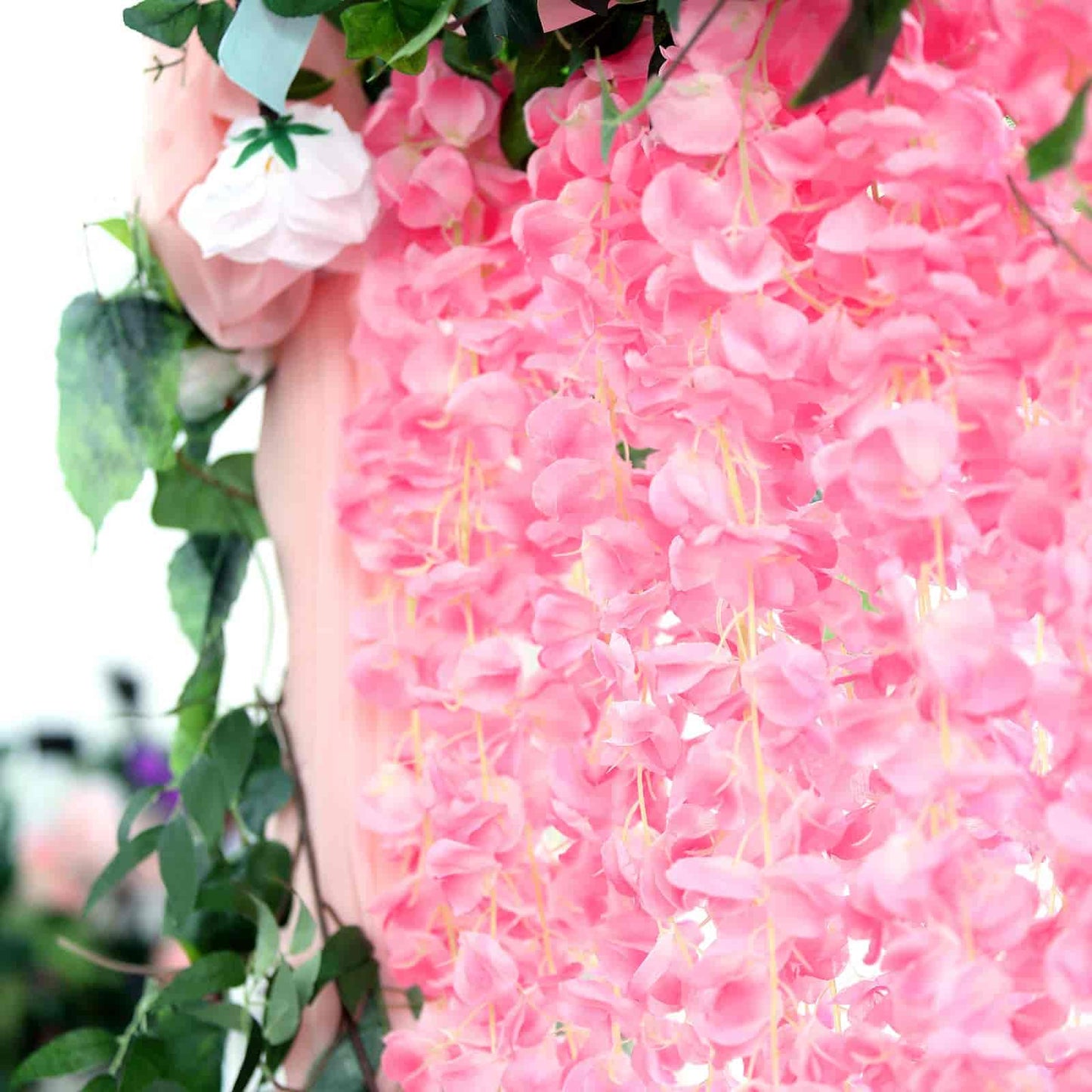 42" Silk Hanging Wisteria Flower Garland Vines in Pink, Elaborated 5 Full Strands in 1 Bush