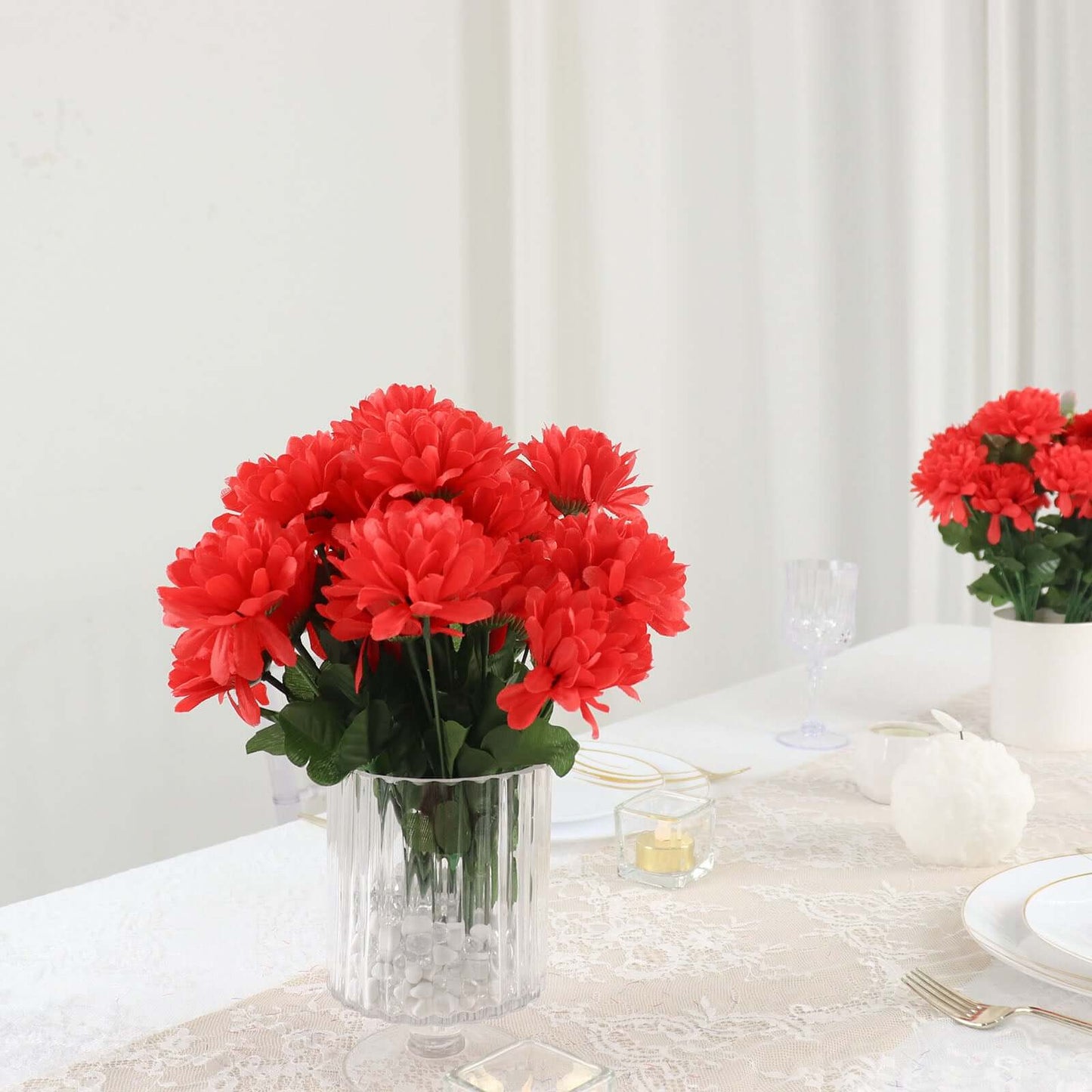 12 Bushes Red Artificial Silk Chrysanthemum Flower Bouquets