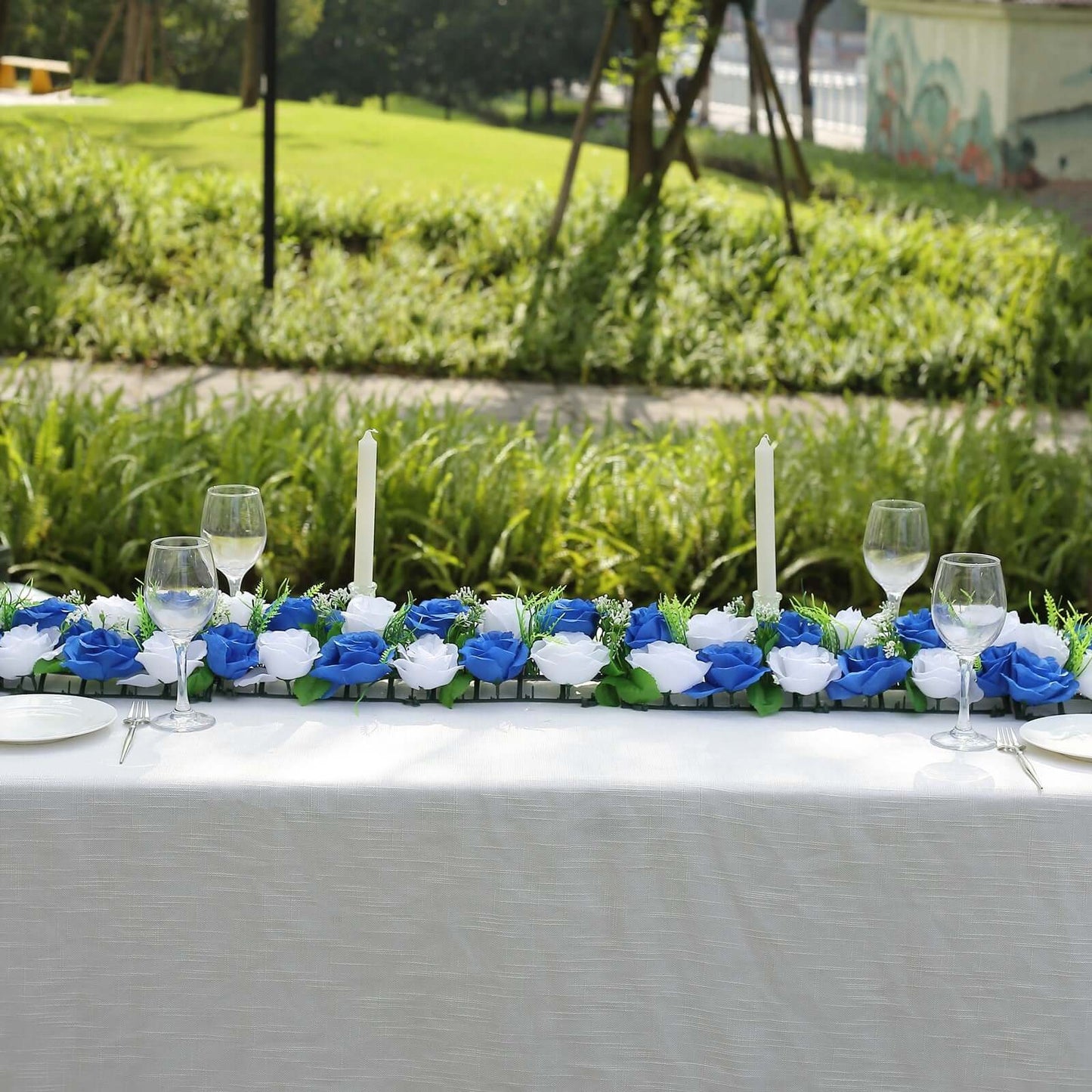 6 Pack White Royal Blue Silk Rose Flower Panel Table Runner, Artificial Floral Arrangements Wedding Table Centerpiece - 20"x8"