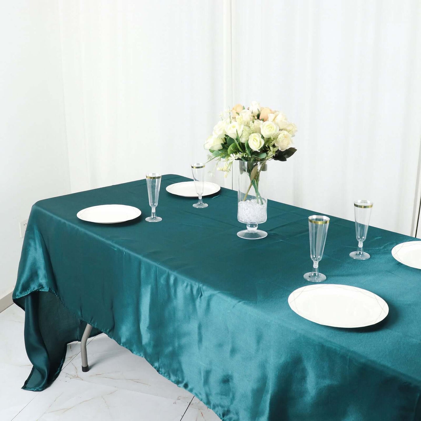 Satin Rectangular 60"x126" Tablecloth Peacock Teal - Smooth and Lustrous Table Cover