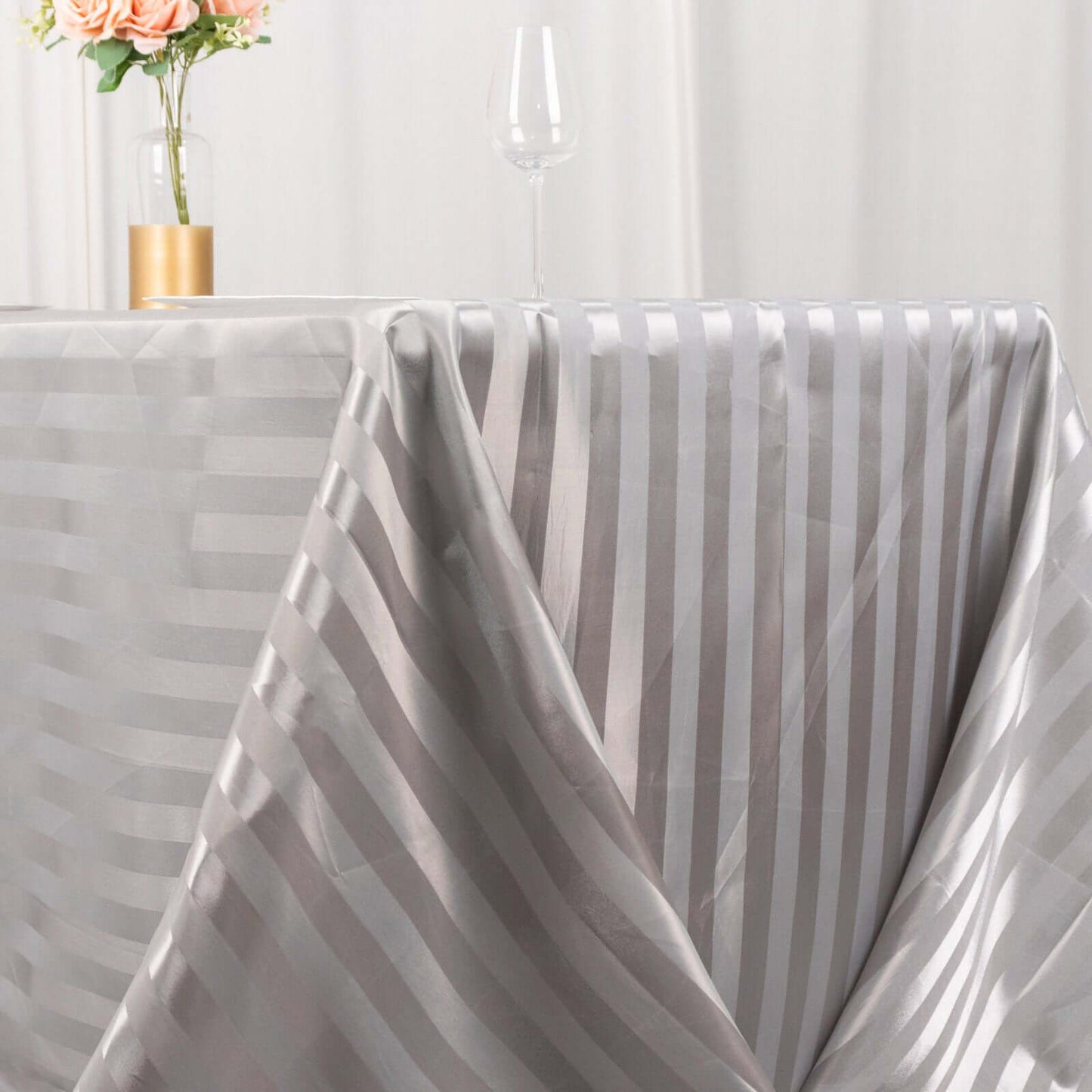 Satin Striped 90"x132" Rectangular Tablecloth Silver - Seamless Silky Smooth Table Cover