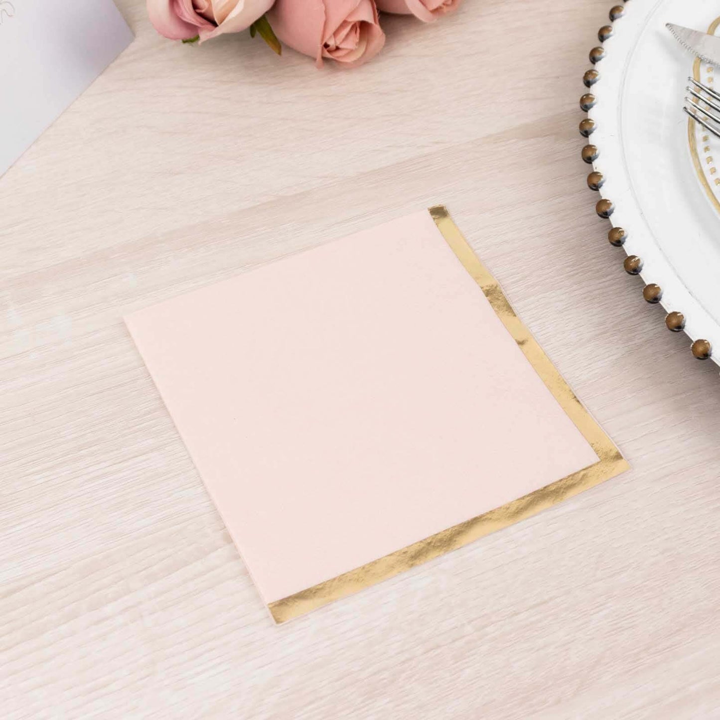 50-Pack Paper Beverage Napkins Blush with Gold Foil Edge - 2 Ply Disposable Soft 18GSM Cocktail Napkins 5"x5"