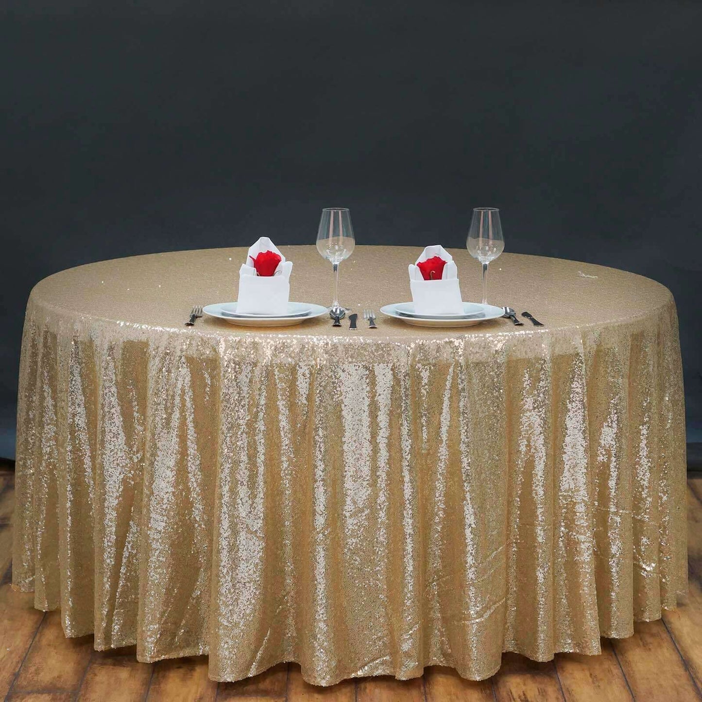 Sequin 132" Round Tablecloth Champagne - Seamless Dazzling Table Cover