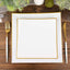 10-Pack Plastic 8" Square Dessert Plates in White Concave Style with Gold Rim - Modern Disposable Salad Appetizer Party Plates for Weddings & Special Events