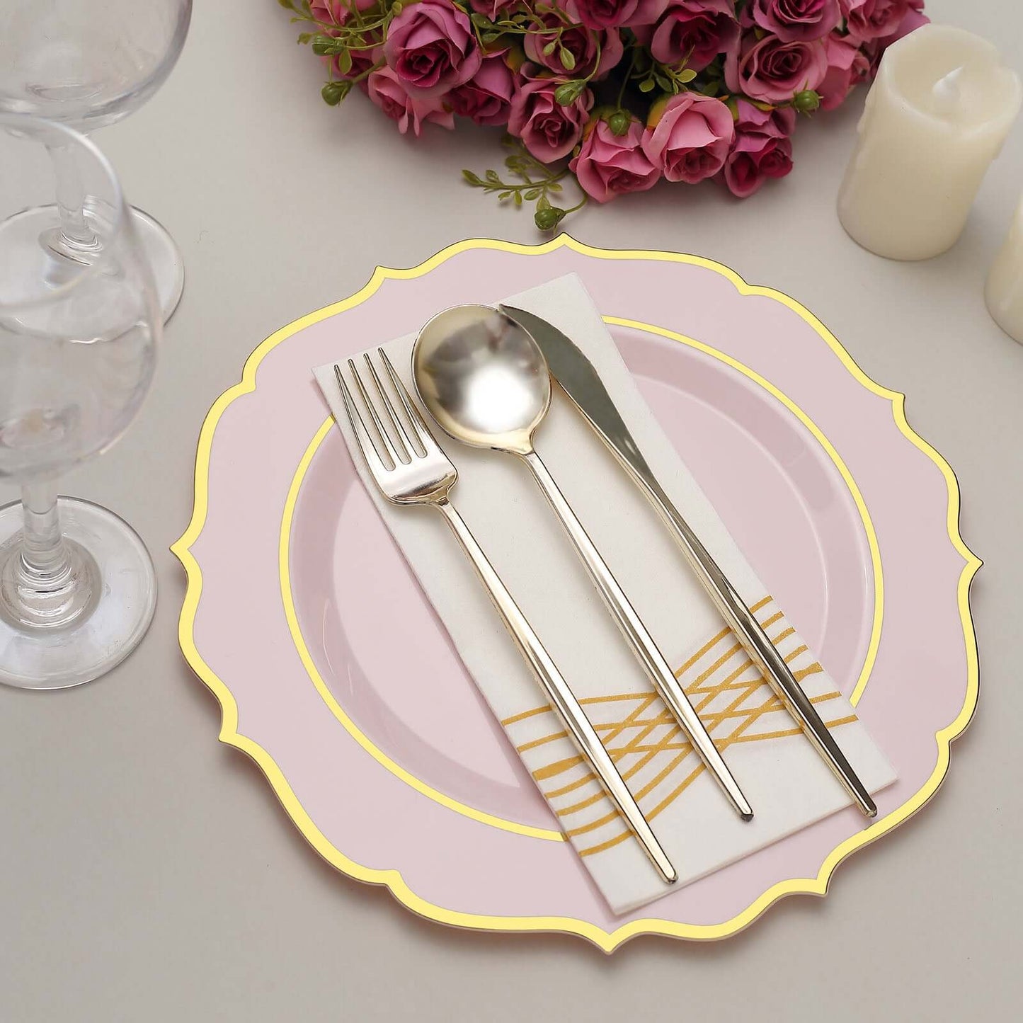 10-Pack Plastic 10" Round Dinner Plates in Blush with Gold Scalloped Rim - Disposable Party Plates