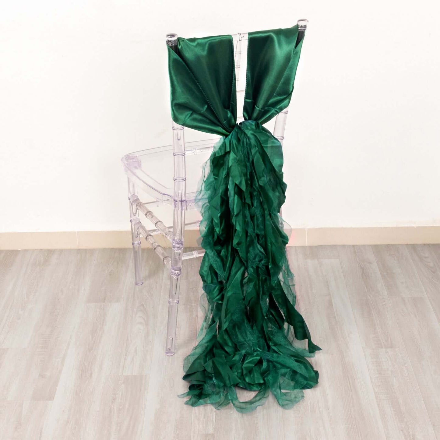 5 Pack Chiffon Satin Chair Sashes Hunter Emerald Green - Easy to Install Ruffled Curly Willow